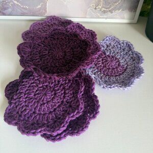 💜 Handmade Crochet Flower Coasters – Set of 6 | Variegated Purple | Washable